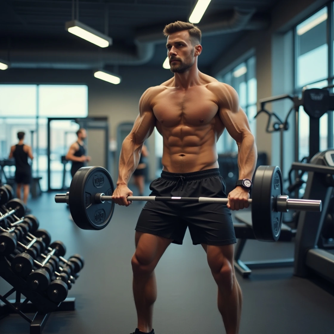 A muscular man is lifting weights in a gym.