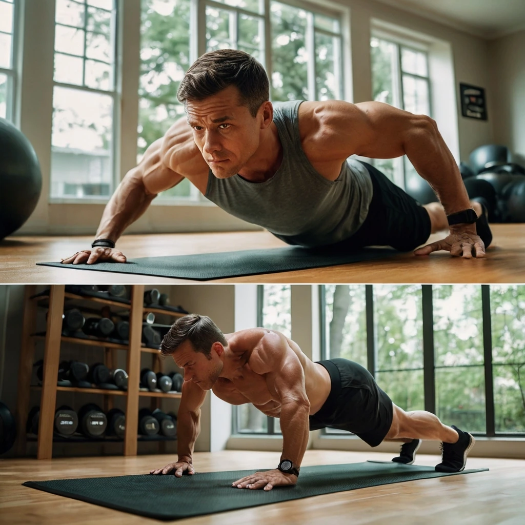 A man in home doing push ups.