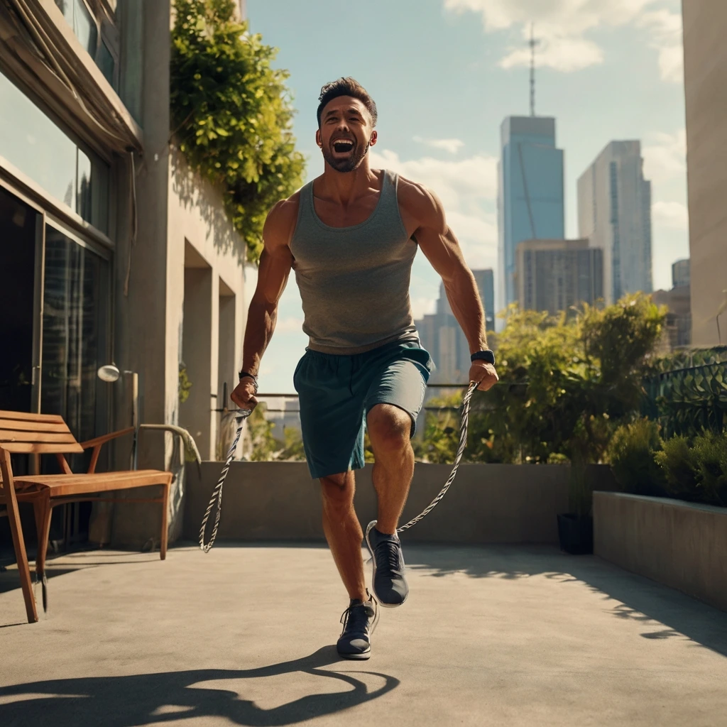 A man is jumping rope outside in home