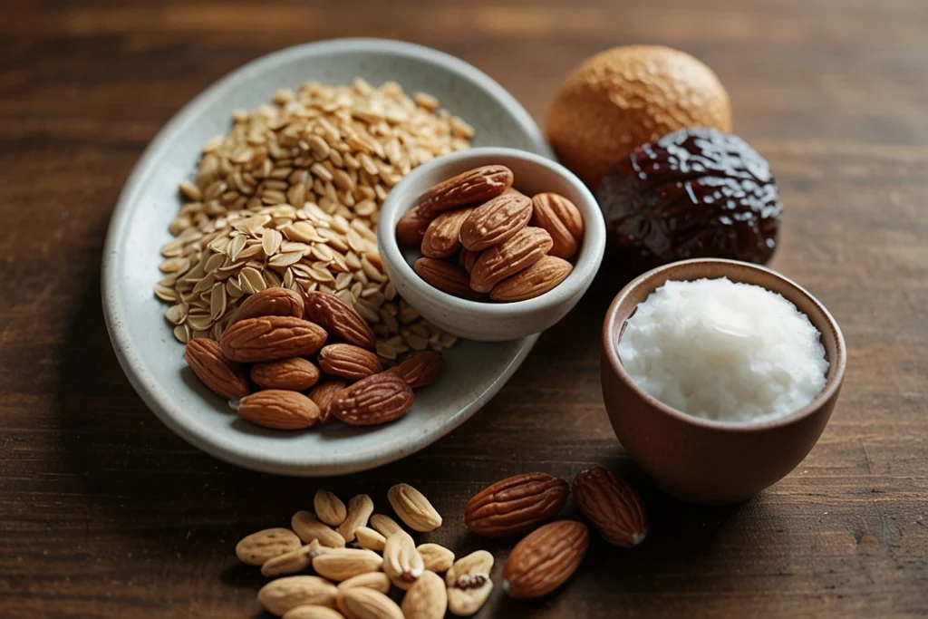 A close up image of a bowl of almonds, a bowl of oats, a bowl of white cream, two dates on a wooden surface.