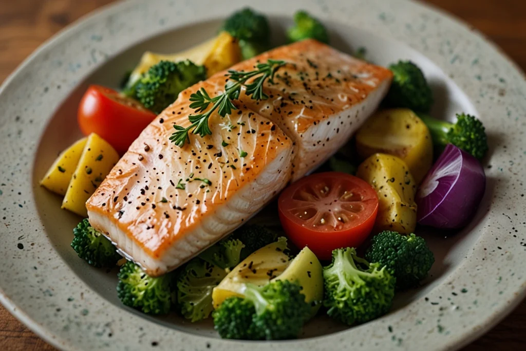 A plate of salmon with a side of roasted potatoes, broccoli, tomatoes and red onion.