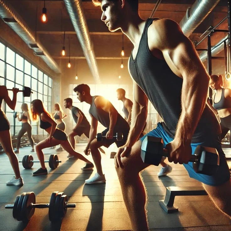 A group of people working out at the gym. They are lifting weights and doing other exercises.