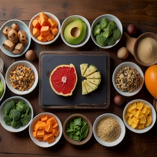 A top-down view of a colorful and healthy spread of food arranged on a wooden table. The food includes fruits, vegetables, grains, and nuts.