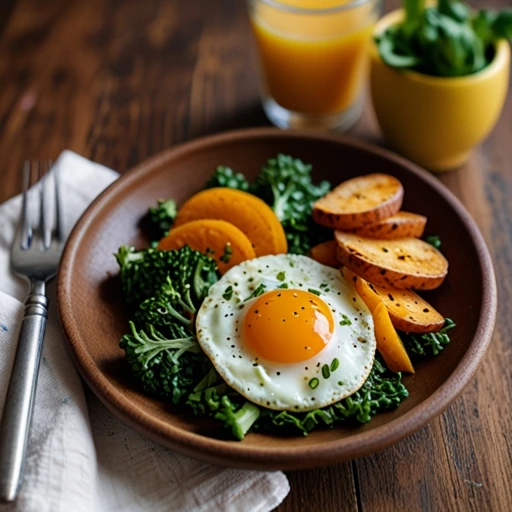 A plate of food with a fried egg, sweet potato, and green leafy vegetables.