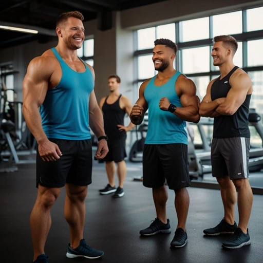 Four men in the gym working out, two in blue tank tops and two in black tank tops, they are all in good shape and smiling.