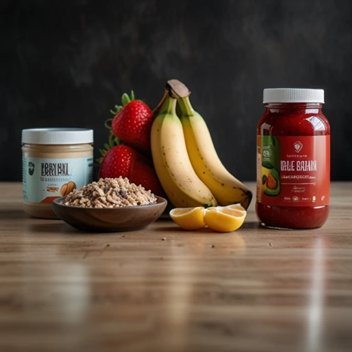 A photo of a table with a jar of peanut butter, a jar of smoothie, a bowl of granola, bananas, strawberries, and two lemon wedges.