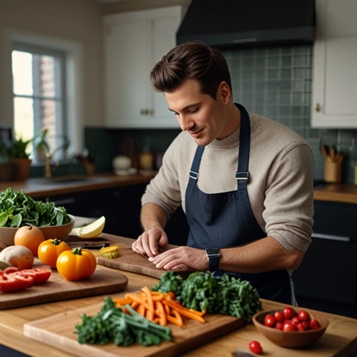 A man in a grey sweater and blue apron chops vegetables on a wooden countertop.