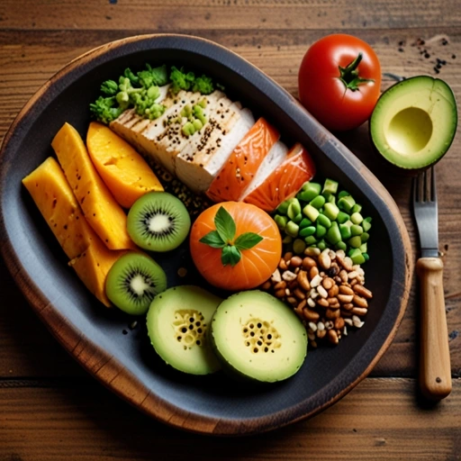 A wooden platter featuring a vibrant array of nutrient-dense foods, including grilled salmon, diced mango, kiwi slices, avocado halves, green peas, pine nuts, and a fresh tomato, arranged beautifully with a rustic fork and wooden table setting.