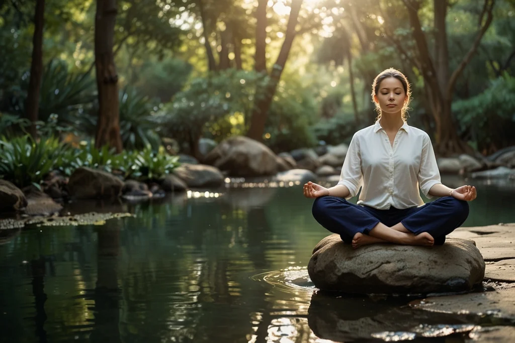 A woman meditates on a rock in a calm pond. Her eyes are closed and her hands are in a mudra pose. She is dressed in a white shirt and blue pants, and she is surrounded by lush green foliage.