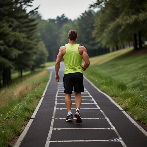 A man in a bright green tank top jogging along a marked fitness path outdoors, surrounded by greenery and trees, symbolizing progress and commitment to a fitness journey.