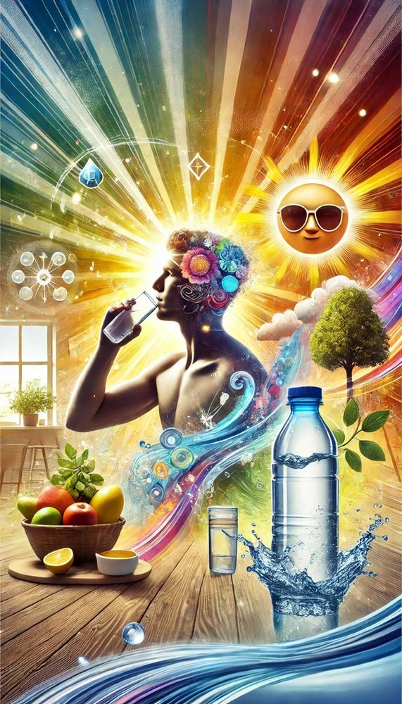 A vibrant and colorful image showcasing the importance of hydration. A man drinks water from a glass as a sun shines brightly in the background. The image is filled with swirls of color and other symbols of nature.