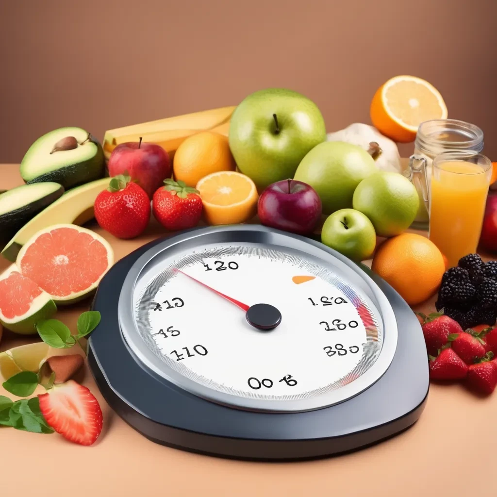 A weighing scale surrounded by fresh fruits like apples, oranges, strawberries, and avocados, symbolizing healthy weight management.