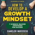 Illustration of diverse hands with fists and open palms against a chalkboard background, featuring the title "How to Develop a Growth Mindset" and additional text promoting strategies for success.